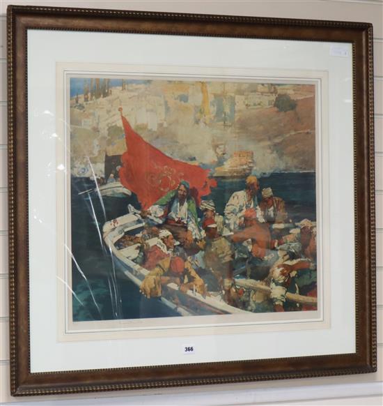 Frank Brangwyn, limited edition colour print, Seamen rowing into harbour, signed in pencil, 50/100, 60 x 67cm
